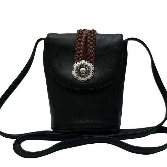 Brighton One World Leather Small Bucket Bag Crossbody Mini Black Brown Woven - Picture 1 of 12
